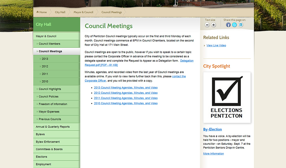 Penticton council meetings page screenshot