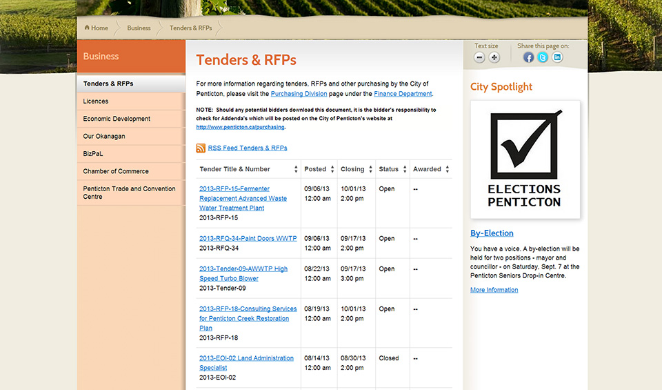Penticton tenders page screenshot