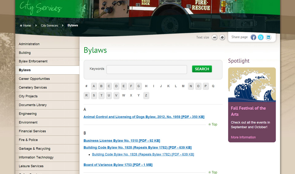 City of White Rock bylaws page screenshot